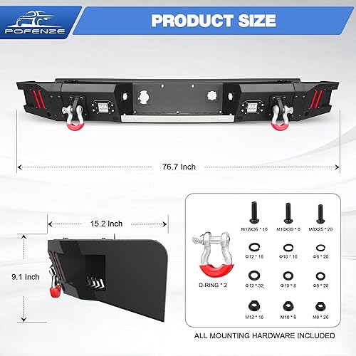 Miniatura 4 de POFENZE Parachoques trasero para camioneta Chevy Silverado 1500 (2007-2013), parachoques negro texturizado con anillo en D y luces LED y placa