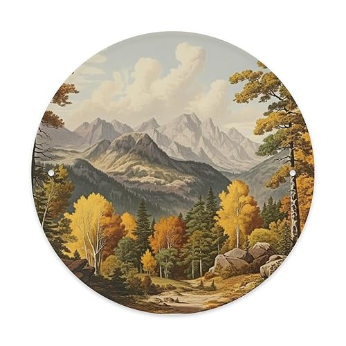Autumn Mountain Scene Round Metal Tin Sign 8X8 Inches Wall