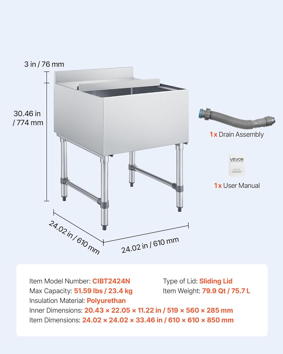 VEVOR Commercial Ice Bin Stainless Steel Ice Chest with Sliding Lid, 24H Long-Lasting Insulation, Cooler Cart Cocktail Unit for Bar Restaurant Pub, NSF, 24 Inch