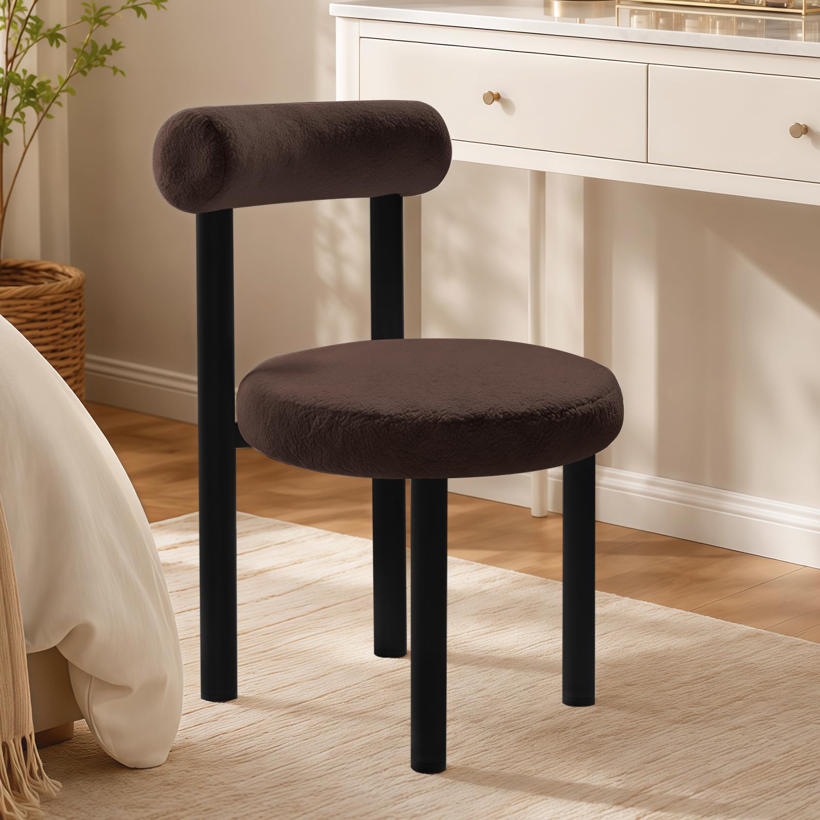 WXJHL Small Armless Office Chair, Ergonomic Teddy Fabric Vanity Stool with Open Back and Lumbar Support, for Office, Living Room, Bedroom