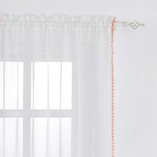 Miniatura 8 de Selectex - Cortinas de gasa semitransparentes con diseño de cenefa de borlas, con bolsillo para barra, para sala de estar o habitación, juego de 2