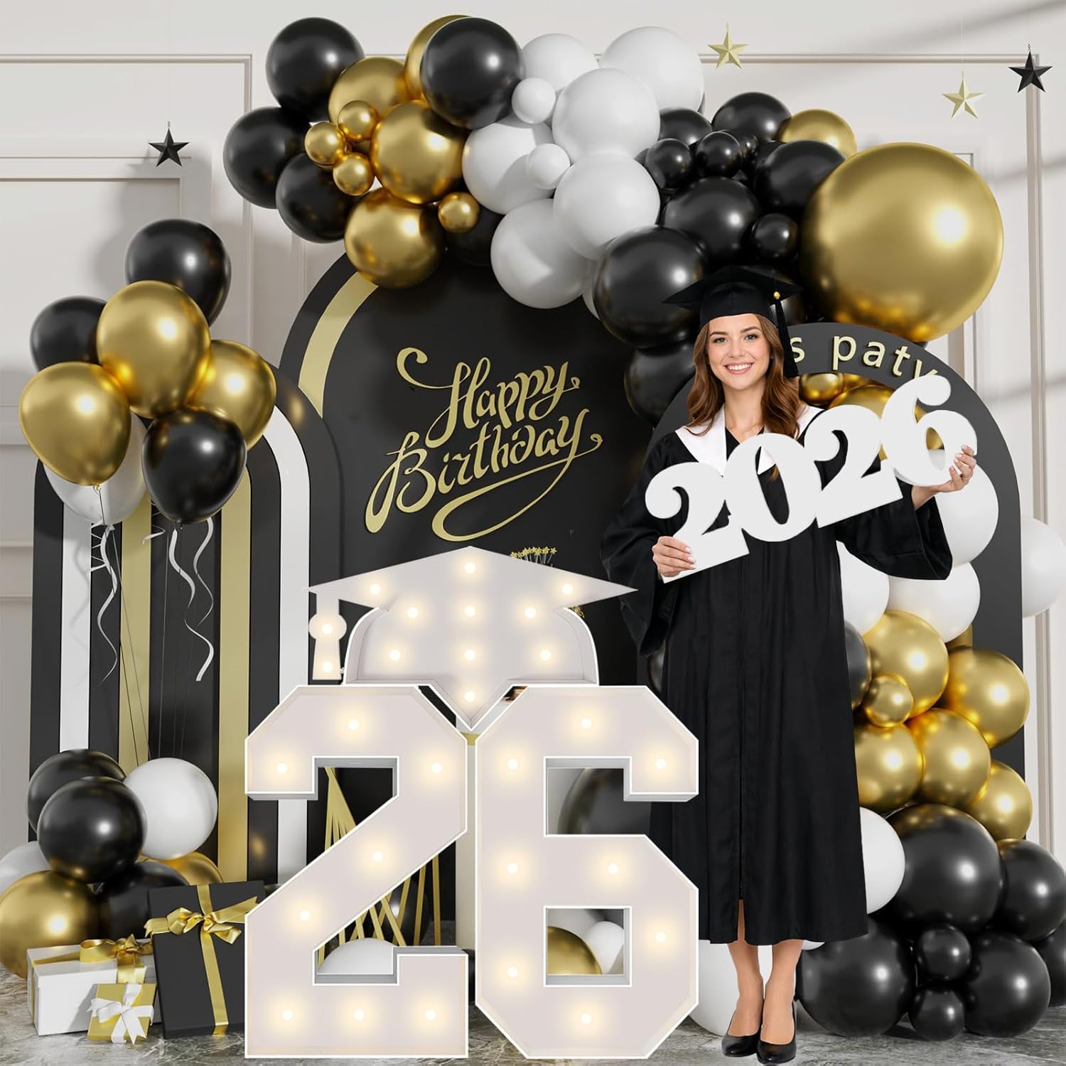 Graduation Decoration of Class 2026, 3FT Marquee Numbers 26 Pre-Cut Foam Board Kit & Cap, & Foam Board 2026 Sign Photo Props for Kindergarten Preschool High School Graduation Party Decor