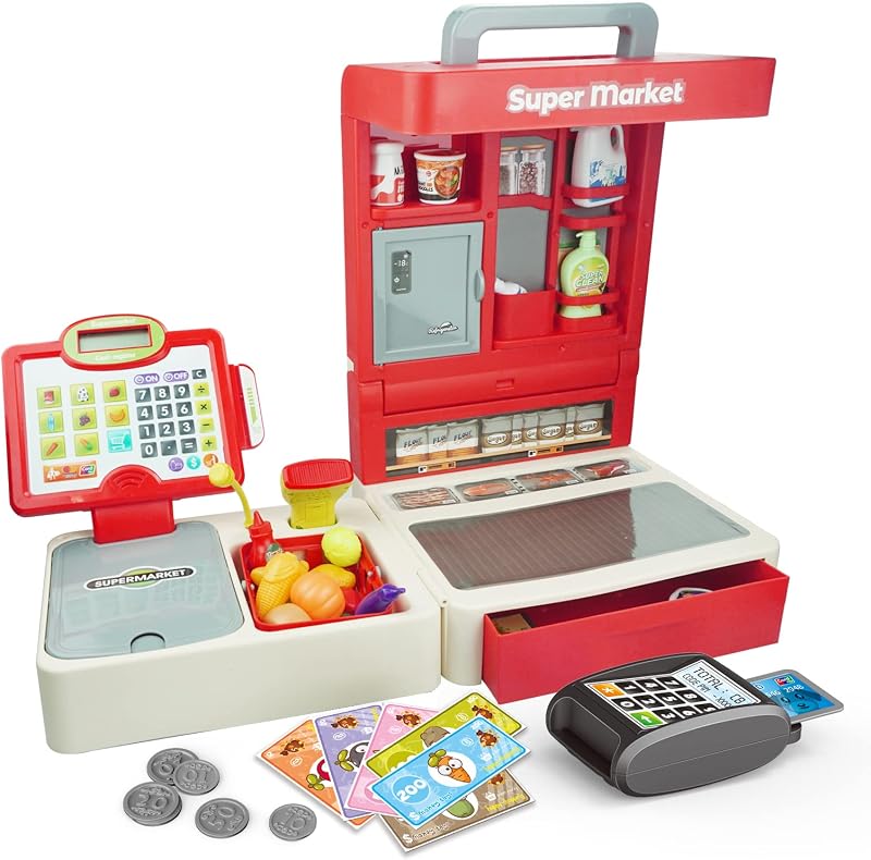 Juguete de caja registradora plegable para niños, juguete de tienda de comestibles para niños pequeños con escáner, dinero ficticio y comida, juego de simulación de supermercado portátil con asa de transporte, regalo para niños y niñas a partir de 3 años