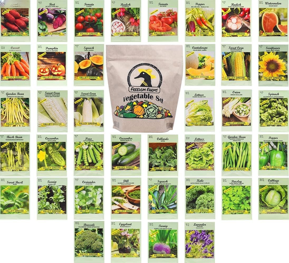Set of 40 Packs of Assorted Heirloom Vegetable and Herb Seeds โ Includes Freedom Farms Vegetable Set Mylar Bag for Optimal Seed Storage! - Non-GMO โ Create a Diverse and Plentiful Garden! (40)