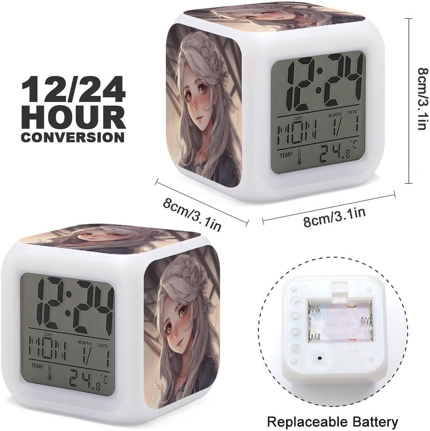 7 Color Change LED Digital Alarm Clock with Snooze Calendar Temperature Display White Hair Anime Girl Wake Up Clock Battery Operated Bedside Lamp Night Light for Bedroom Decor image 2