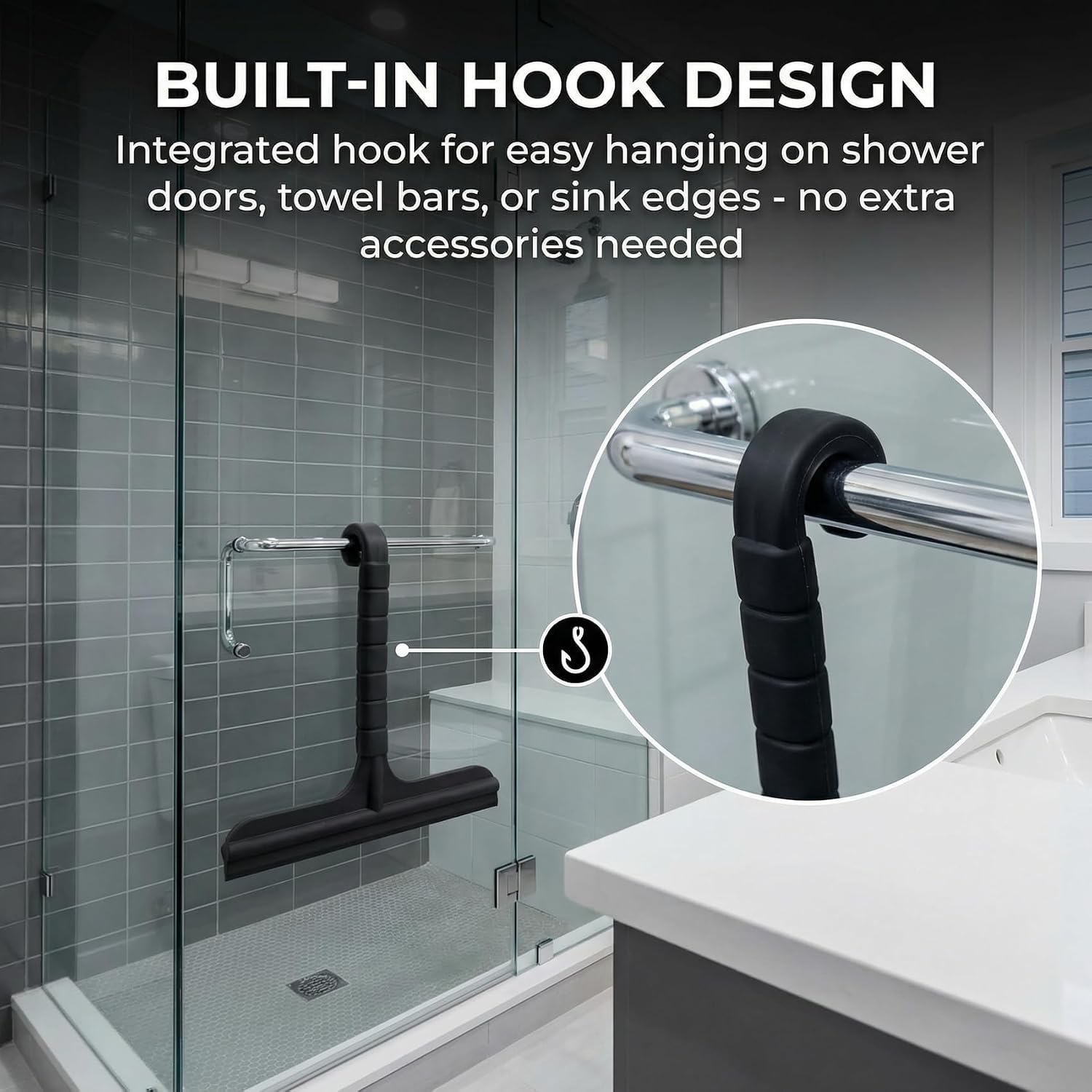 8 Inch Silicone Shower Squeegee for Glass Doors | All-in-One with Built-in Hook, Ergonomic Non-Slip Handle, Reinforced Iron Core, for Mirrors, Countertops, Windows,