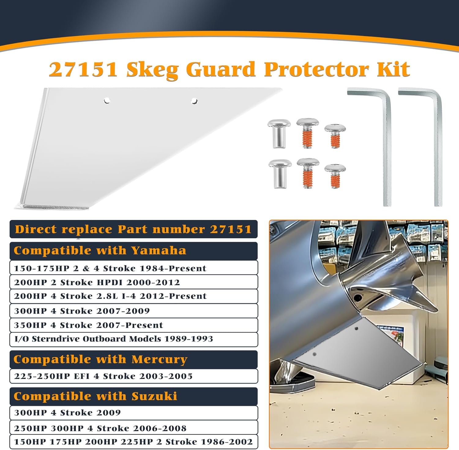 27151 Skeg Guard Protector Kit Stainless Steel Compatible with Yamaha 150 175 200 300 350 HP 2 & 4 Stroke Motor Replace 1902 with Drain Hole
