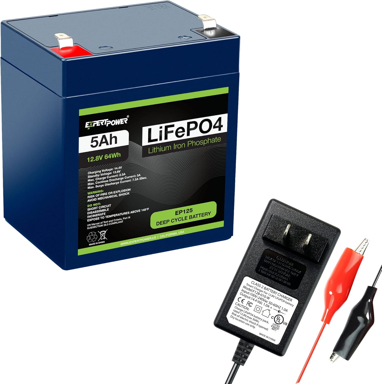 ExpertPower Battery & Charger Bundle - 12V 1A Charger / 12V 5Ah Battery Lithium LiFePO4