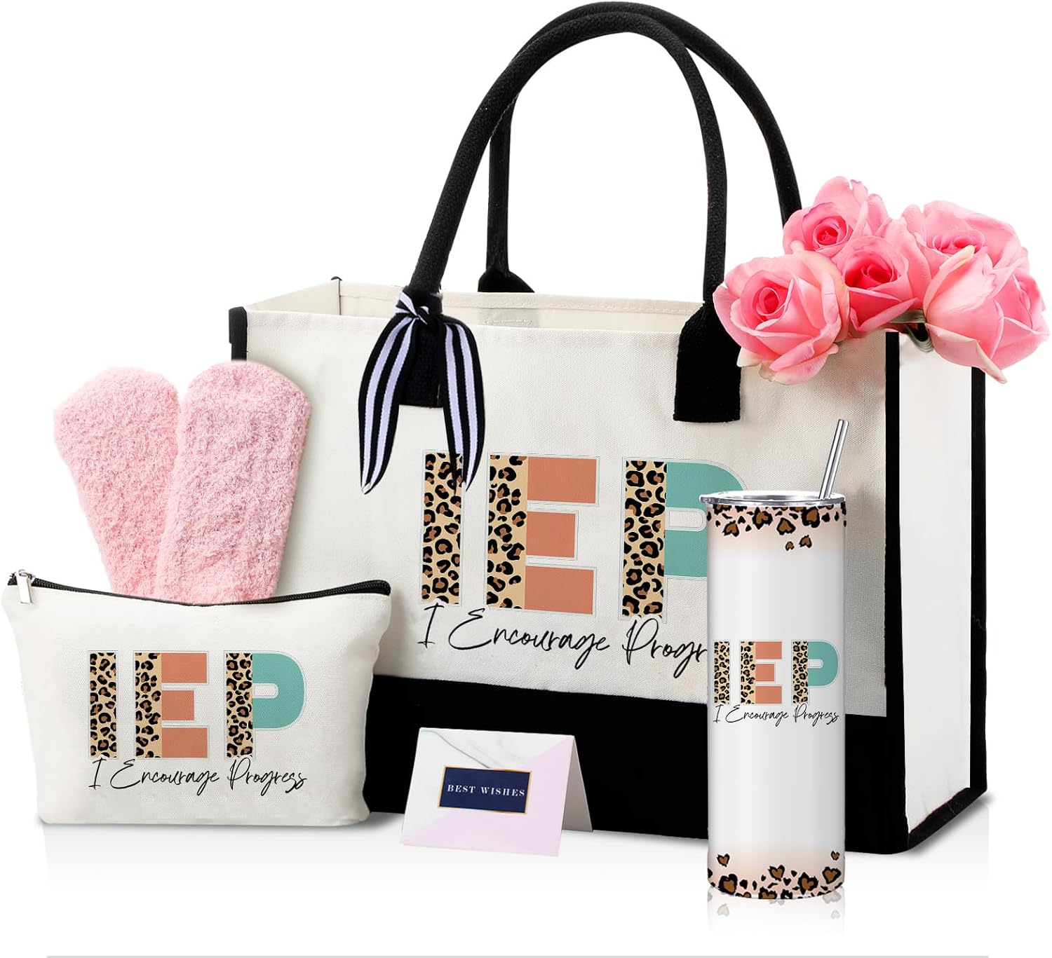 Geiserailie 8 Pcs Special Education Teacher Gifts for Women IEP Large Tote Bag Cosmetic Bags Tumbler Cup Plush Socks Metal Keychain Card and Envelope for Sped Teachers Day Thank You Gifts