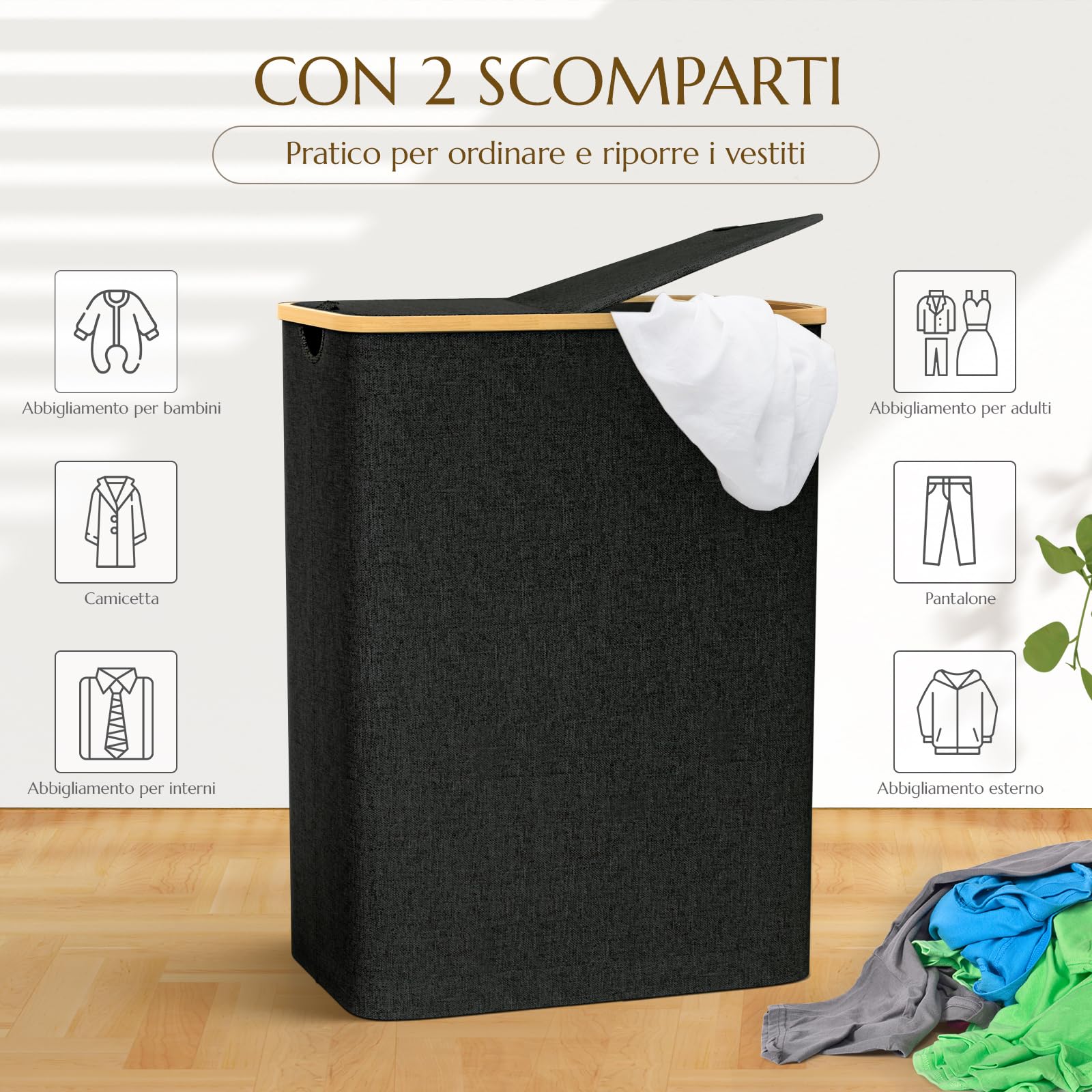 Cesto Portabiancheria con Coperchio, 140L Portabiancheria Sporca con 2 Sacco per la Biancheria Rimovibile, Cesto Biancheria Sporca, cesta portabiancheria &Pieghevole con Manici in Bambù-Nero