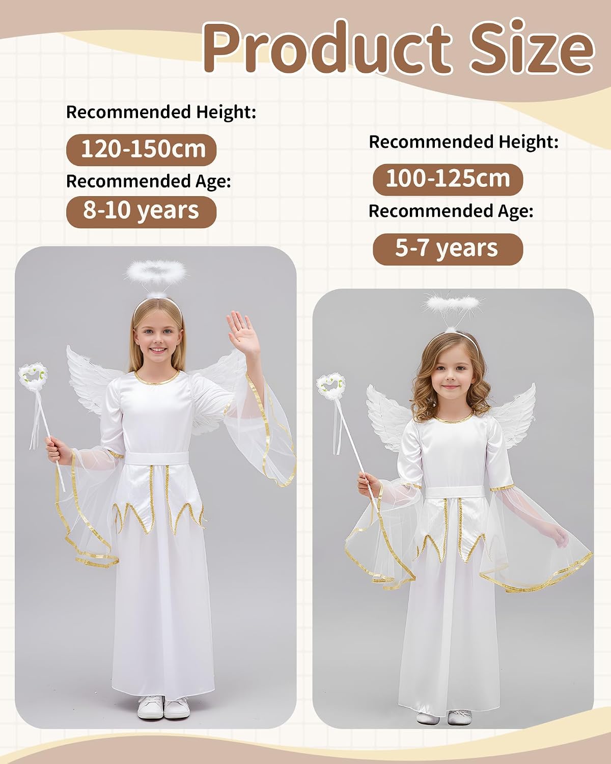 Toulite 4 Pcs Angel Costume for Girls Including White Dress Headband Wing and Wand, Nativity Costume for Halloween