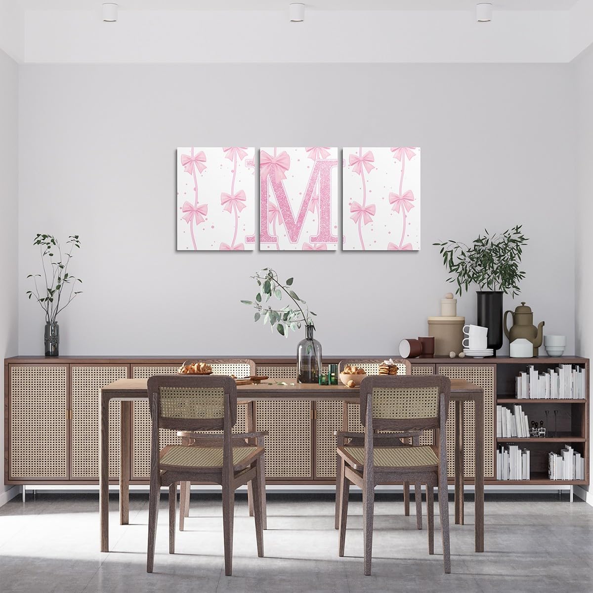Feelyou Pink Bow 3 Piece Canvas Wall Art for Living Room Bedroom Individual letters M Wall Art for Home Decor Pretty Bowknot Office Decor Artwork Pink White Picture Posters