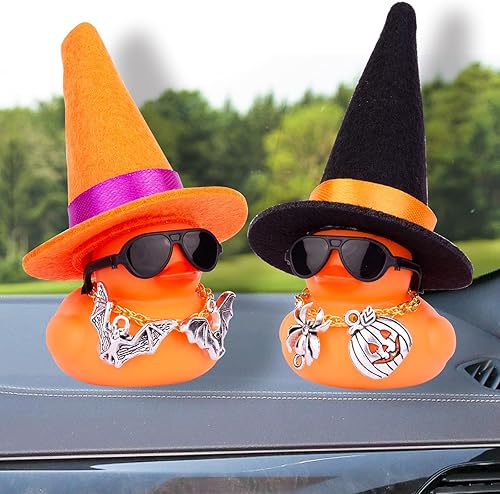Miniatura 6 de MuMyer Adornos de pato de goma para automóvil, decoraciones de tablero de automóvil con mini sombrero de bruja, gafas de sol, collar, accesorios de