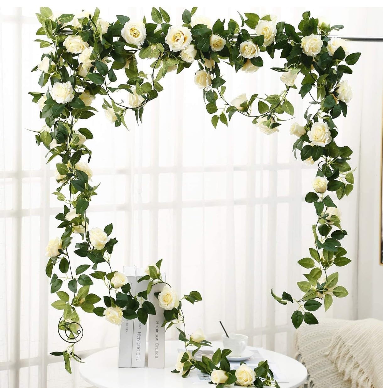 VRB Dec 1 Pcs Artificial Flower Vine Garlands Hanging Artificial Flowers for Decoration Small Peony Roses Garland (6 ft Long) Flowers Silk Peony Roses for Diwali/Ganpati/Christmas. (White) 1