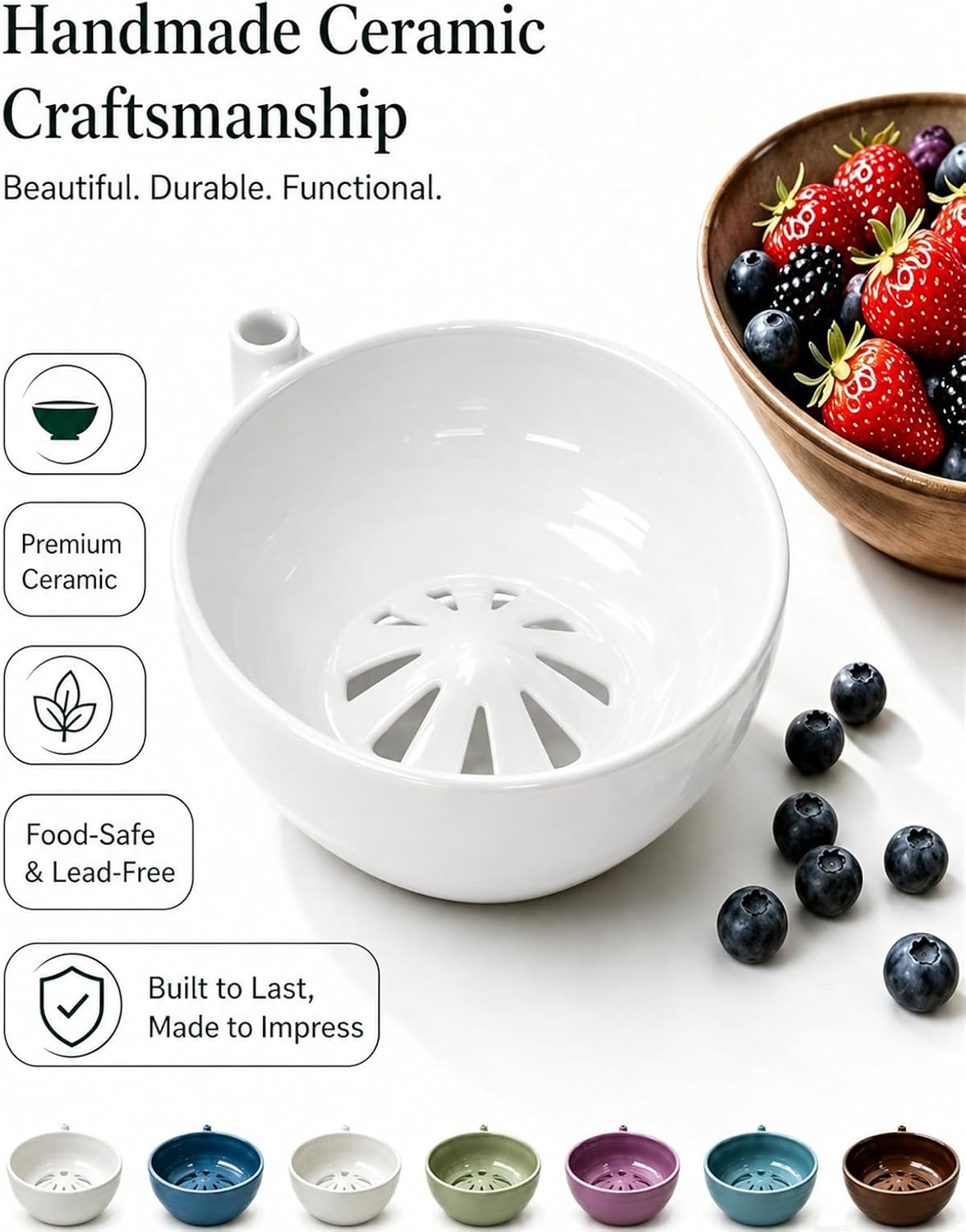 Berry Bowl Fruit Washer with Strainer Holes, Fruit Bowl Self-Spinning Automatic 360° Swirling Vortex Berry Rinser & Vegetable Colander, Handmade Multipurpose Cleaner Bowl(White)
