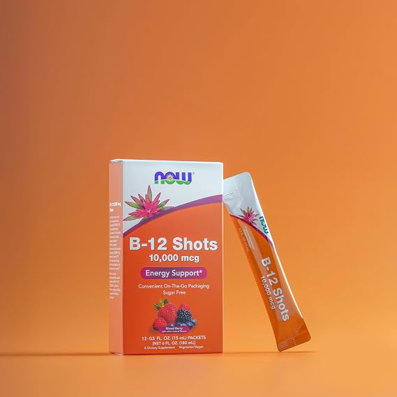 NOW Foods B-12 10,000mcg Shots 0.5 ounce 12 Count Box Mixed Berry
