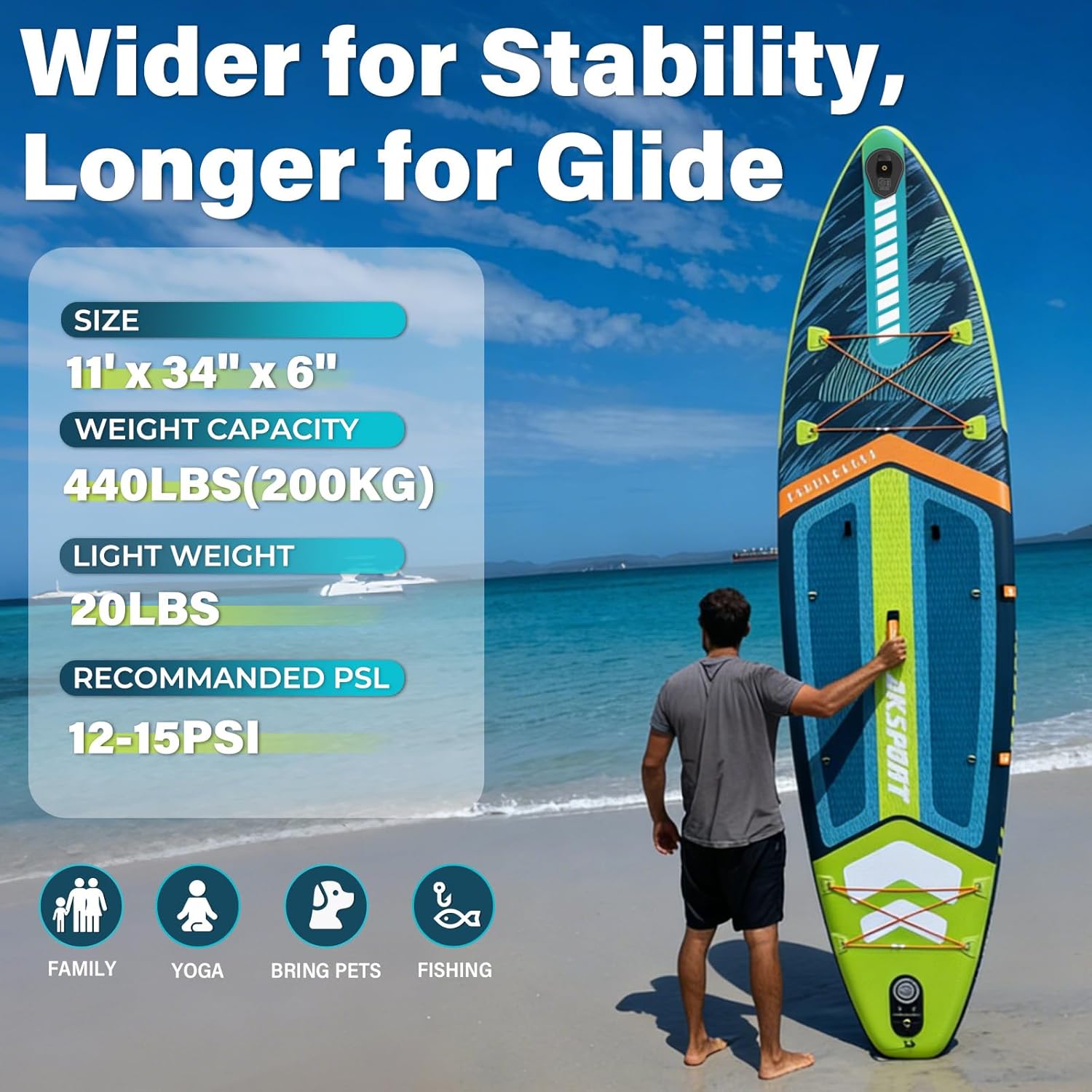 AKSPORT 11' Inflatable Stand-Up Paddle Board with Upgraded SUP Accessories Kit | Extra Wide 34" Design | Non-Slip Deck | Premium SUP Board for Adults & Youth of All Levels