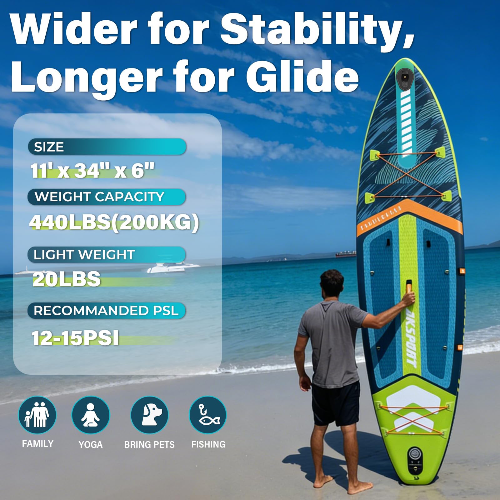 AKSPORT Tabla de Paddle Surf Hinchable 11' con Kit de Accesorios Premium | Diseño Extra Ancho 34" | Superficie Antideslizante | Ideal para Adultos y Jóvenes de Todos los Niveles