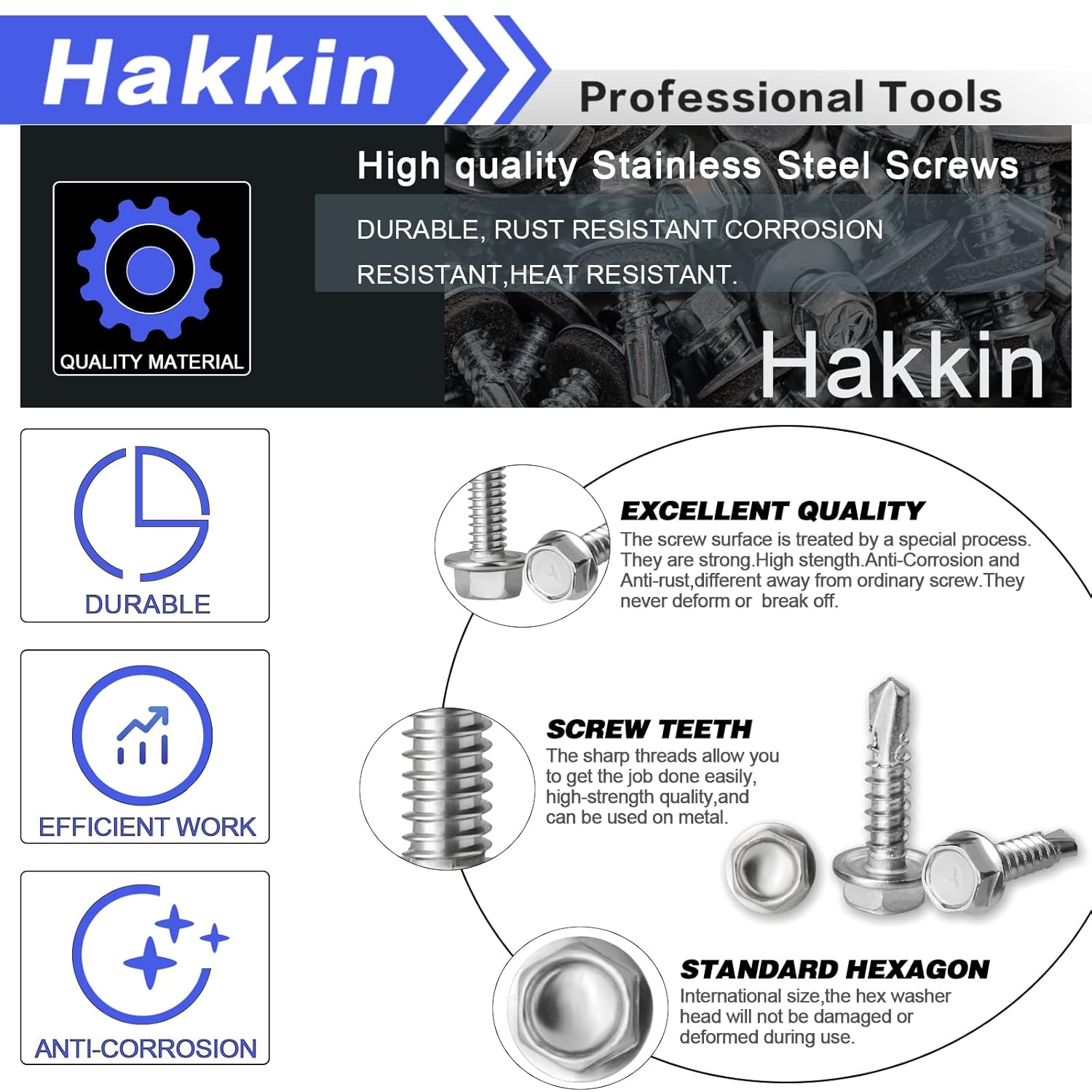 #8#10#12 Hex Washer Head Self Drilling Tek Screw Assortment Kit, 400PCS Stainless Steel Self Tapping Screws for Metal, Hakkin Sheet Metal Tek Screws with Rubber Washer, Length 1/2" to 2"