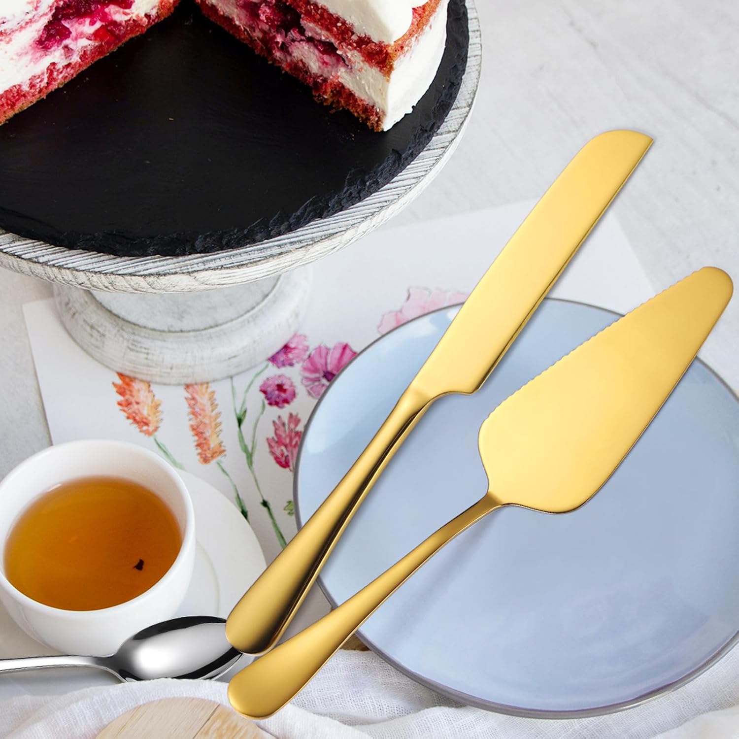Wedding Cake Knife and Server Set,2Pcs Cake Cutting Set Gold Include Stainless Steel Cake Cutter And Cake Server Perfect For Wedding, Christmas, Birthday and Events,Dishwasher Safe