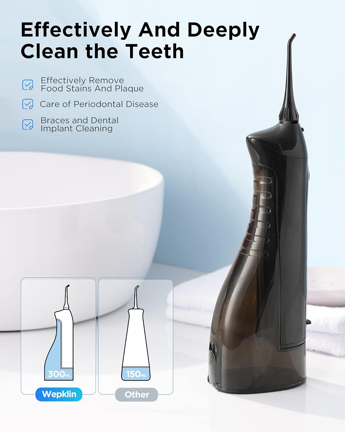 Water Flosser Professional Cordless Dental Oral Irrigator , Wepklin 300ML Portable Water Flosser for Teeth , 3 Modes and 8 Tips , IPX7 Waterproof , USB Charged for 21-Days Use (Adapter Not Included) : Beauty & Personal Care
