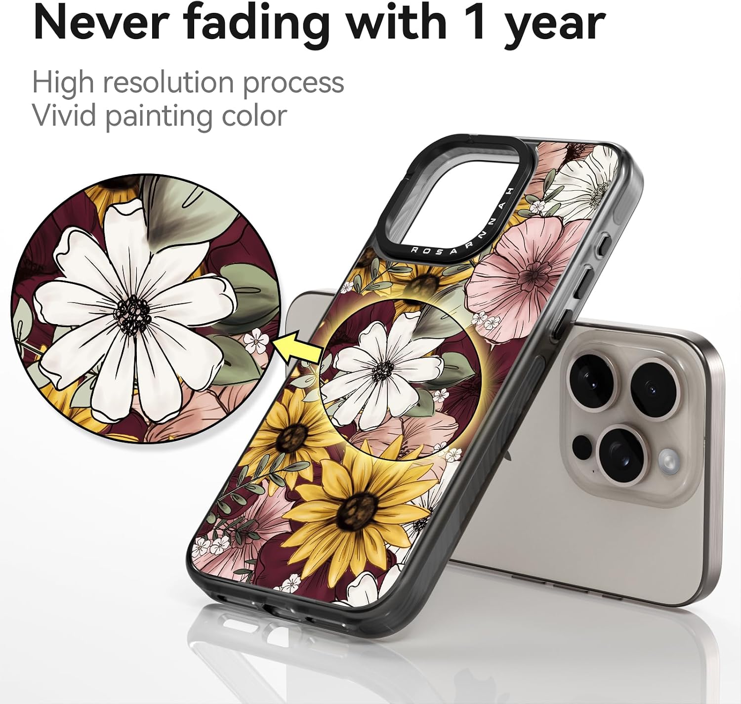 Compatible for iPhone 15 Pro Max Case Cute Aesthetic - Durable Shockproof 6.6 ft Drop Impact Phone Case Cover with Funny Fashion Sunflower 6.7" Black