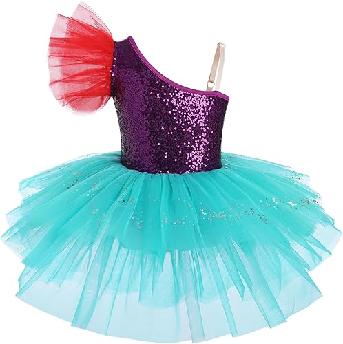 AFAVOM Disfraz de Bam Bam para niñas, disfraz de princesa Sirenita para Halloween, cosplay, un hombro, leotardo de ballet, vestido de baile