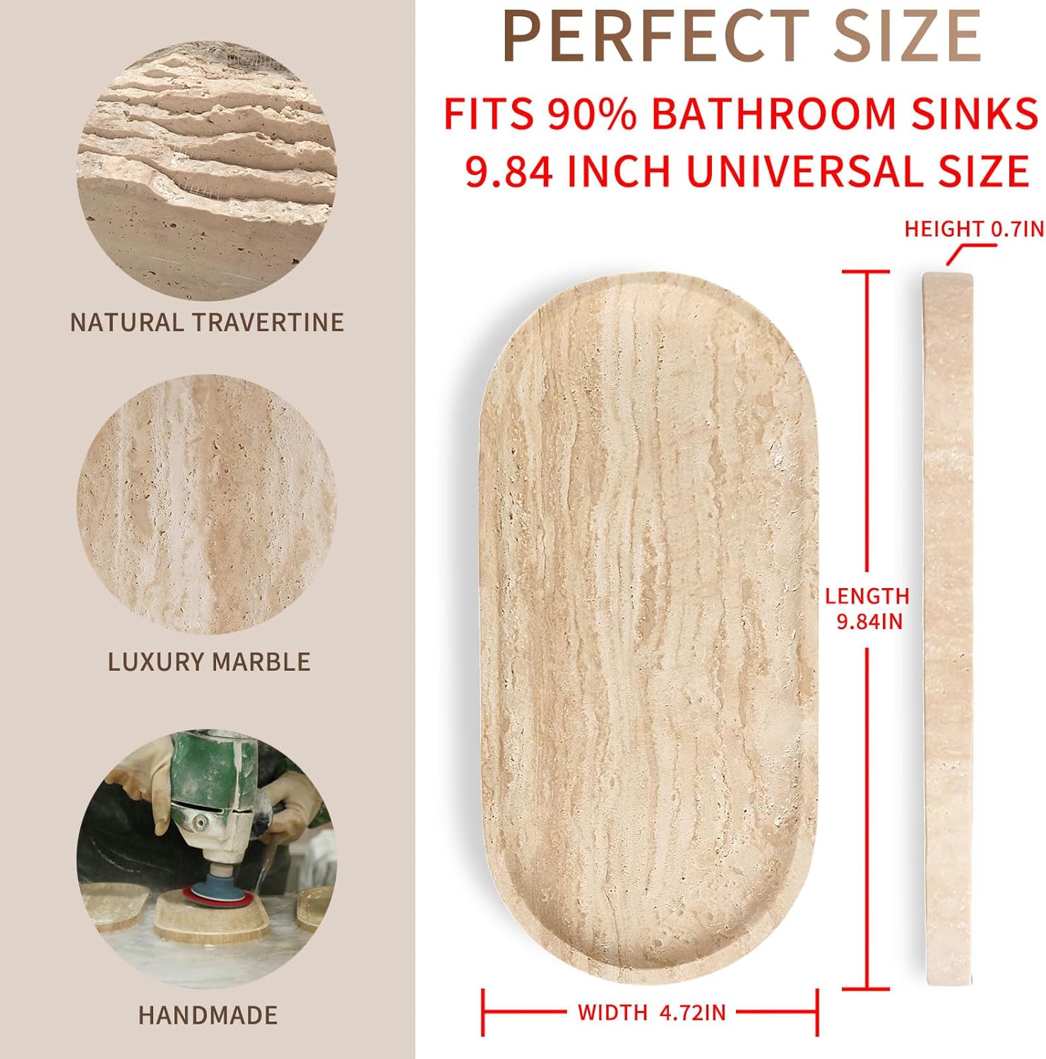 Travertine Vanity Tray for Bathroom Counter, 10"x5" Natural Marble Tray, Hand Polished, Perfume Organizer with Non-Slip Base, Candles, Stone Jewelry Dish (Travertine Beige, 9.8X4.7)