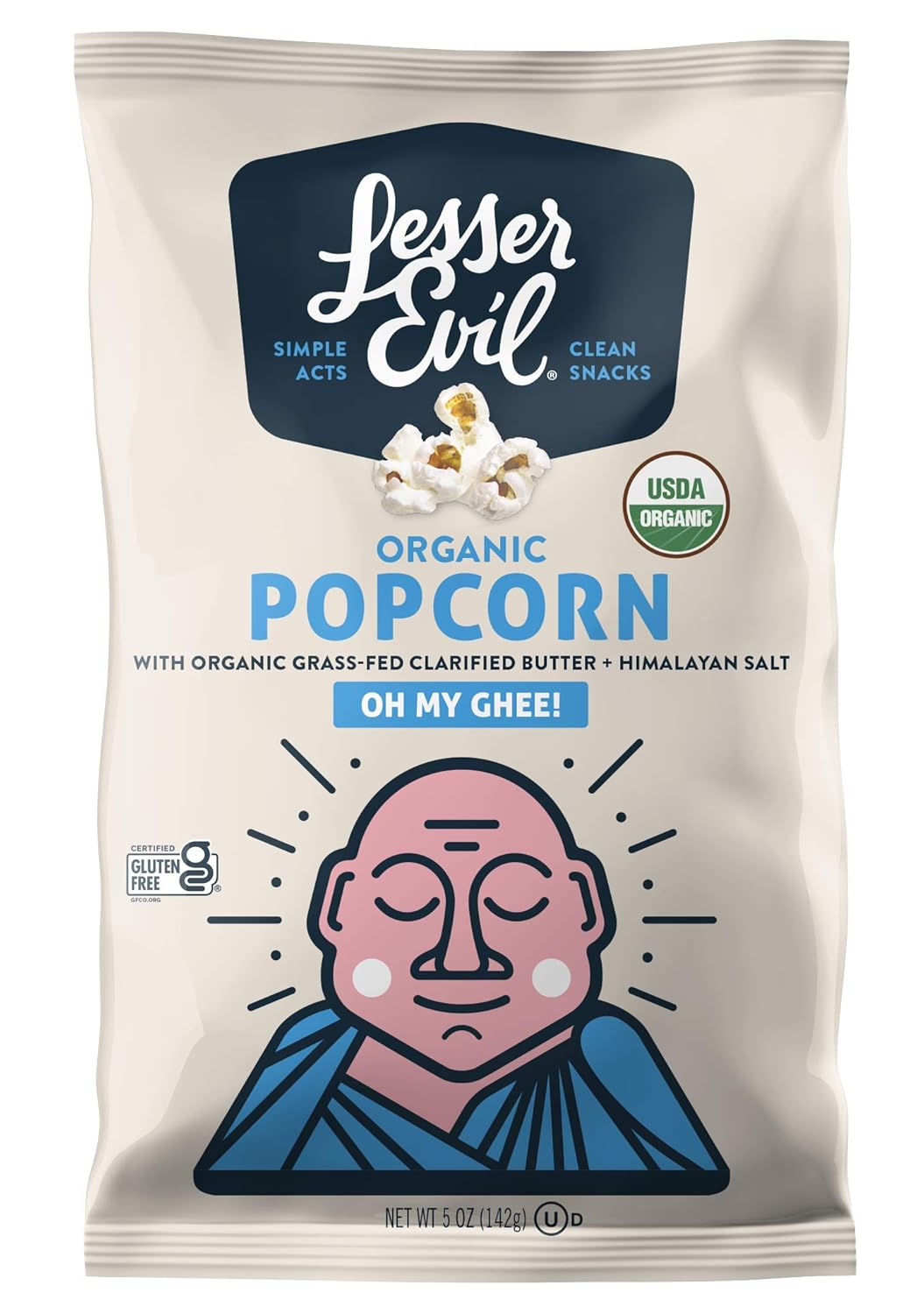 LesserEvil Oh My Ghee! Organic Popcorn, No Artificial Ingredients, Coconut Oil, Pack of 5, 5 oz Bags