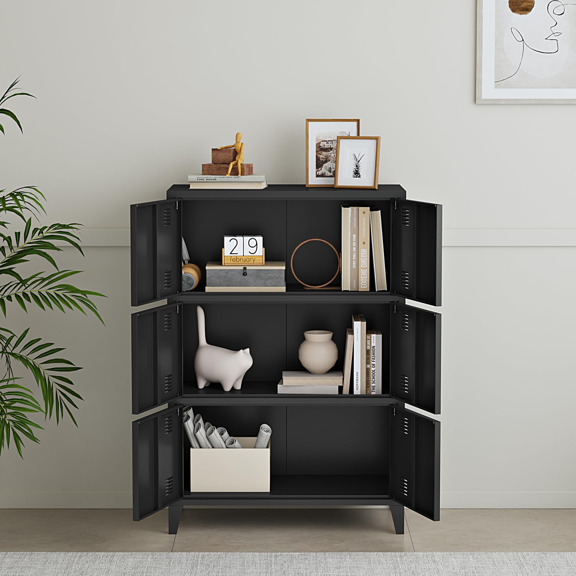 [en.casa] Armario de Oficina Mueble de Oficina Archivador de Estudio con 2 Estantes con 6 Puertas Ranuras de Ventilación Acero 113 x 80 x 40 cm - Negro
