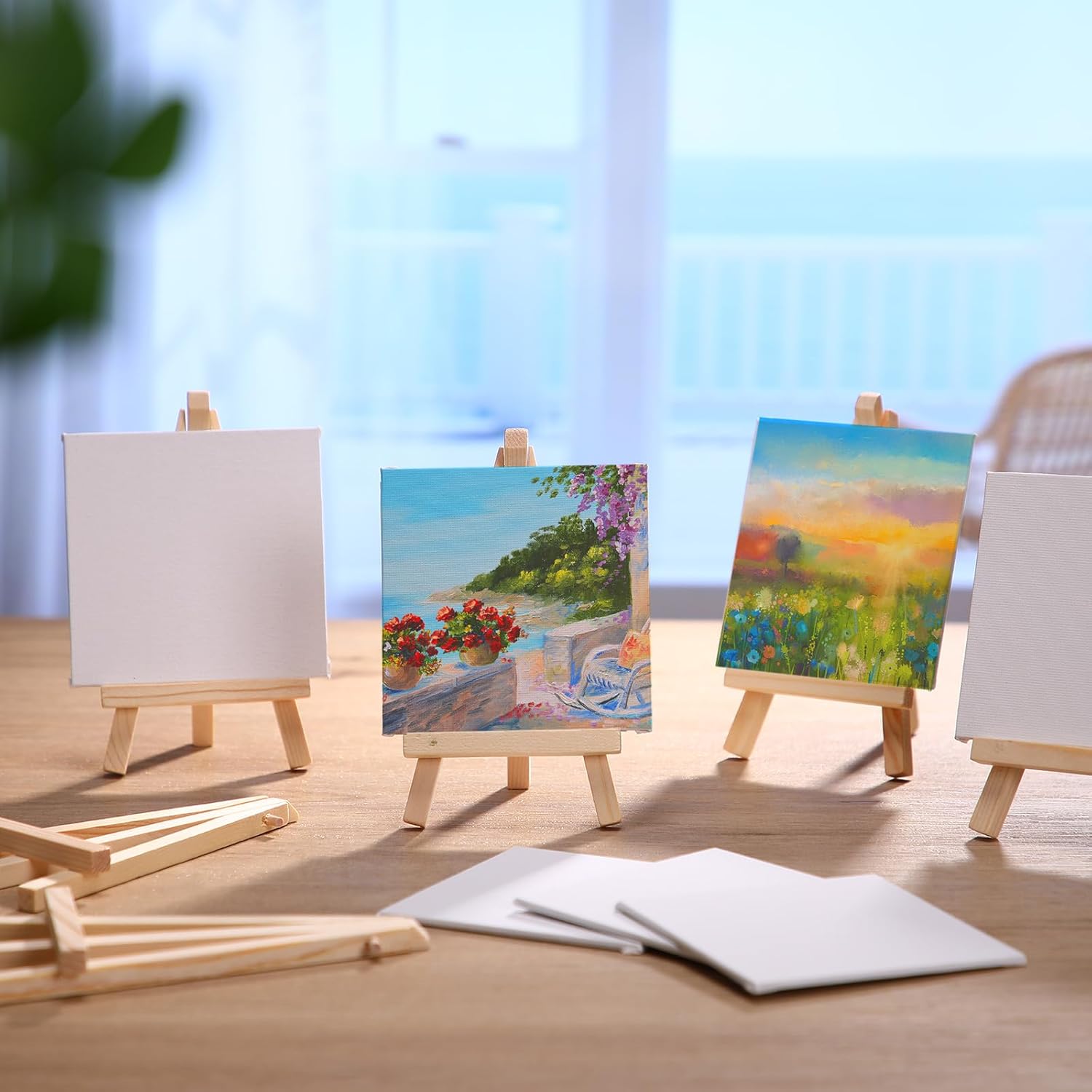 MotiMind 80 Pcs Mini Canvas and Easel Set for Painting Canvas Panels with Wooden Easels for Oil Acrylic Painting Mother's Day Birthday Party Favors(4 x 4 Inch)
