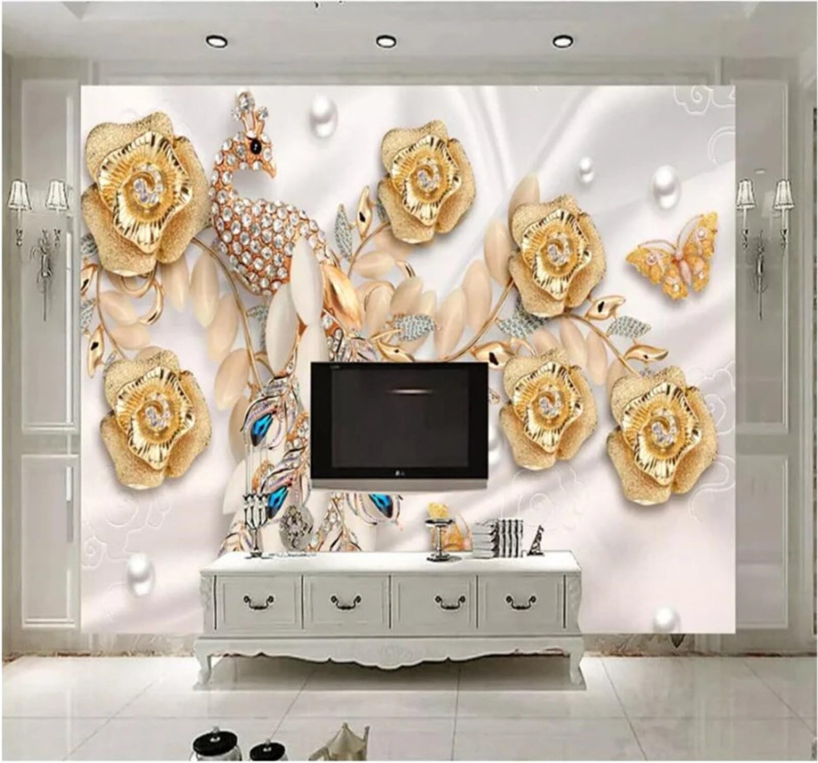 Wallpaper-3D-Xlm 200Cm×140Cm(B×H) Affordable Luxury Gold Flowers Peacocks Butterflies 3D Wallpaper Easy Install Feature Office Living Room Sofa Bedroom Tv Background Wall Decoration-200Cm×140Cm