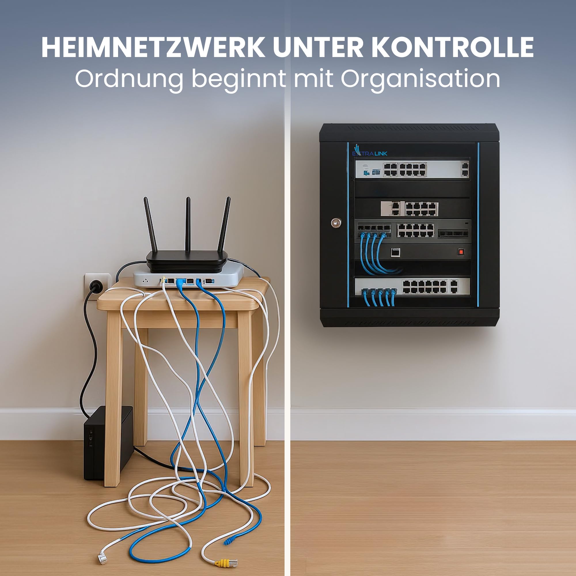 Extralink Serverschrank 19 Zoll 9HE – Netzwerkschrank 450mm Tiefe zur Wand- oder Standmontage, Traglast 60 kg, gehärtete Glastür, abschließbar 180° Öffnung, schwarz – für Heimnetzwerk & IT-Geräte