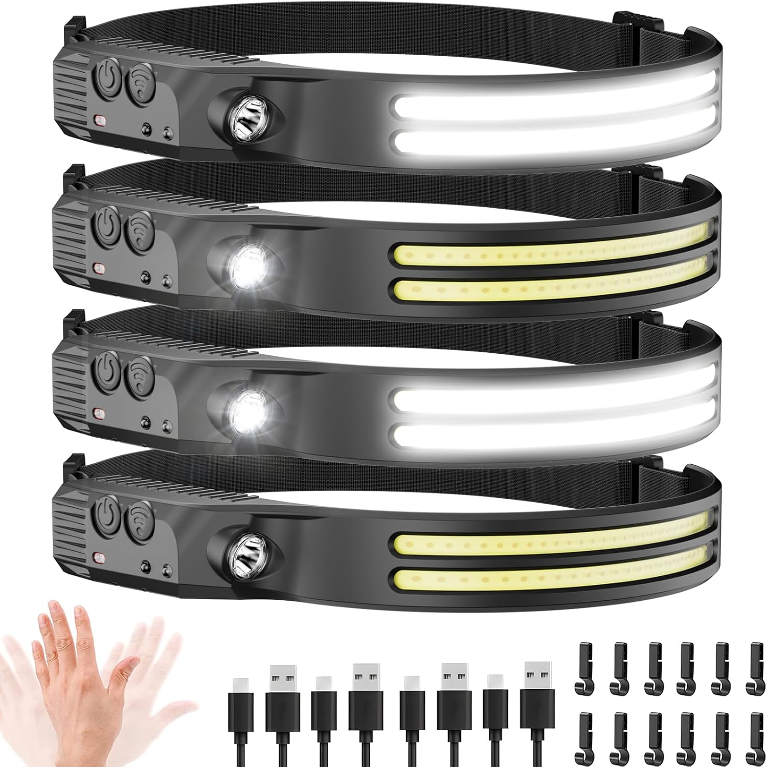 4-Pack Rechargeable LED Headlamps – 230° Super Bright COB Lights for Work & Outdoor Adventures 4-Pack Rechargeable LED Headlamps – 230° Super Bright COB Lights for Work & Outdoor Adventures