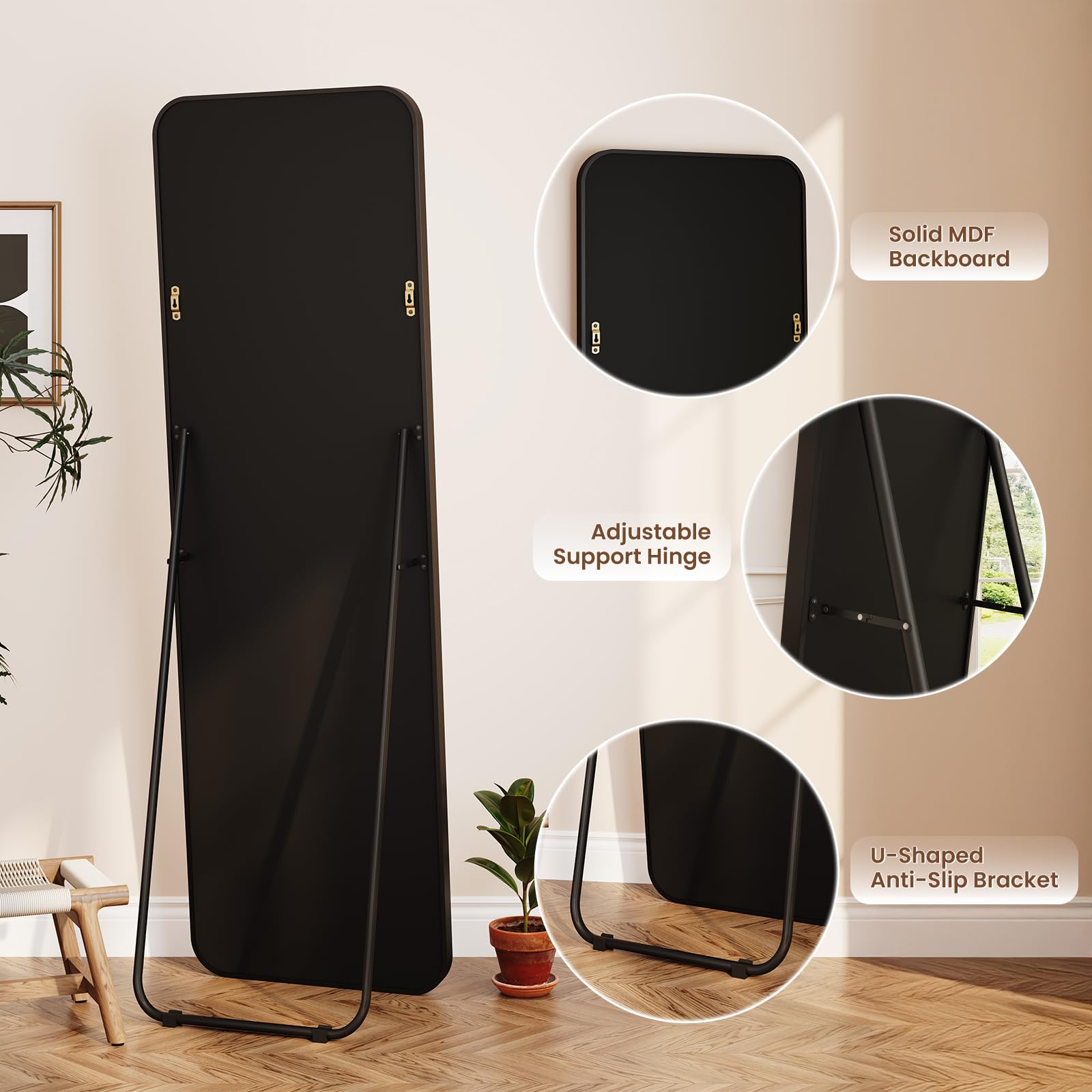 Dripex Grand Miroir 150x40cm Coins Arrondis Miroir Pied Suspendu Cadre Alliage Aluminium Noir