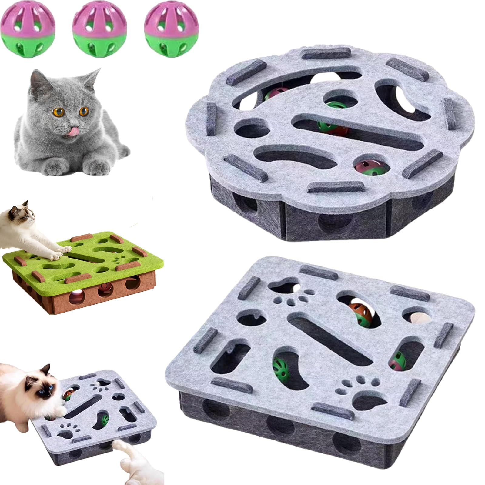 fjaldjfu Cat Scratch Puzzle Enrichment Box, 2026 New Cat Puzzle Felt Maze Box Cats Toys, Interactive Cats Nail File Scratch with 3 Bell Balls, Stimulate Kittern Energy and Instincts (Gray-2pcs)
