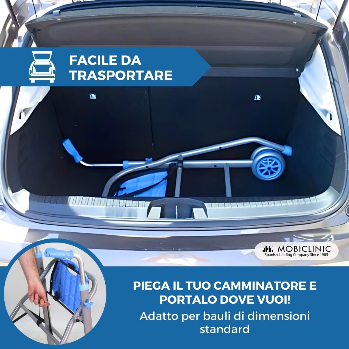 Mobiclinic®, Deambulatore pieghevole, Ultraleggero, Regolabile in altezza, Marchio europeo, Alluminio, Fino a 136 kg, Future, Adulti, Sedile, Schienale e ruote, Design elegante, Colore azzurro
