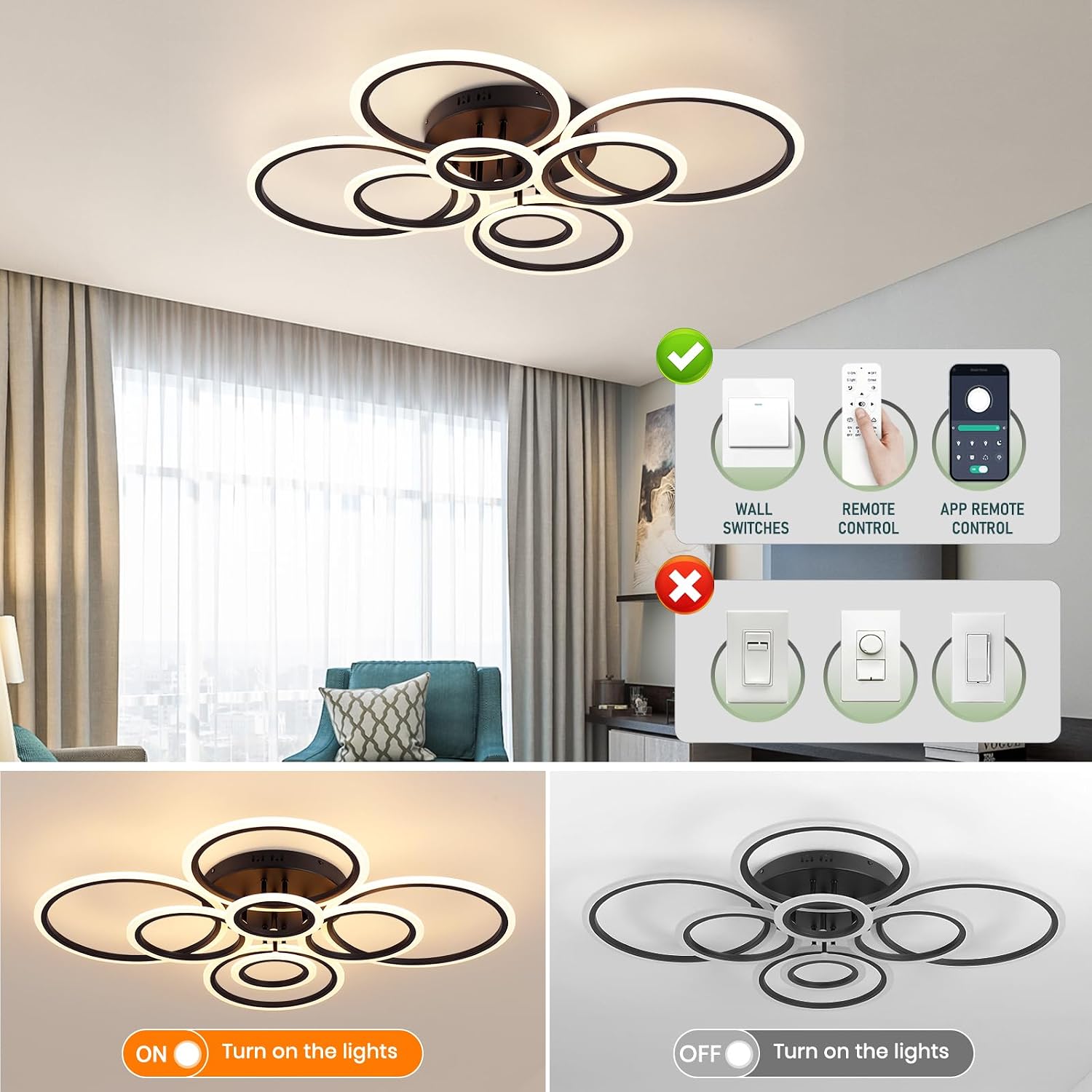Modern Ceiling Light Fixture, 6 Rings Dimmable Flush Mount Ceiling Light with Remote, Acrylic Close to Ceiling Lighting Fixture for Low Ceiling Living Room Bedroom Kitchen (Black, 8 Heads)