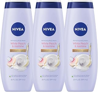 NIVEA White Peach & Jasmine Body Wash 3-Pack, 20oz Nourishing Serum, Paraben-Free, Vitamin E & Provitamin B5 for Soft Skin