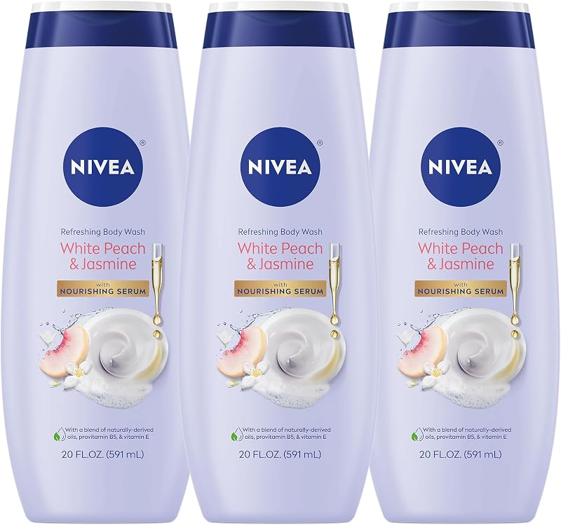 NIVEA Jabón corporal refrescante de melocotón blanco y jazmín, paquete múltiple, 3 x 20 FL OZ | Gel de baño perfumado para mujer con suero nutritivo, enriquecido con provitamina B5 y vitamina E, sin parabenos