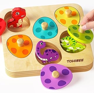 TOHIBEE Wooden Puzzles Montessori Toys for Toddlers 1-3, Dinosaur Eggs Peg Puzzles, Preschool Education Learning Toys for Boys and Girls, 6 Brightly Color Cute Dinosaur Shapes