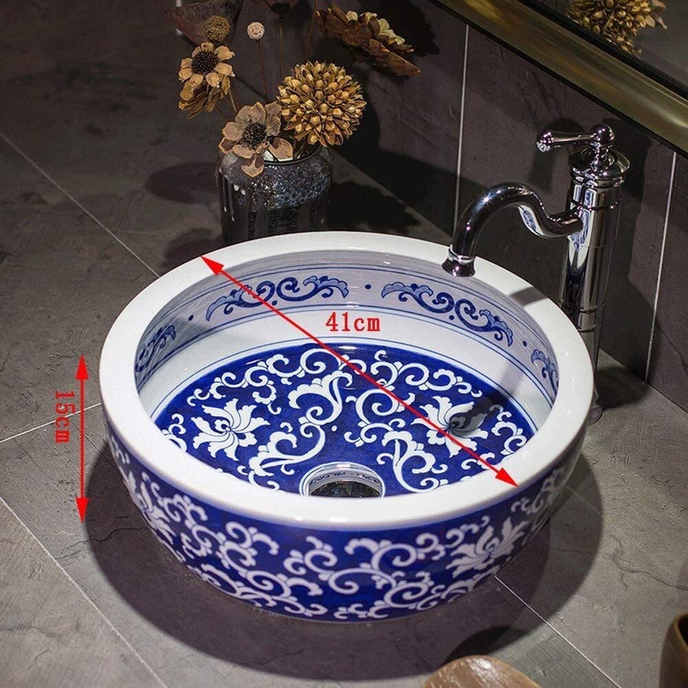 Szafka Pod Umywalkę Z Umywalką, Umywalka Łazienkowa Nablatowa, Okrągła Ceramiczna Umywalka Nablatowa W Stylu Vintage, Malowana Porcelanowa Miska Nablatowa