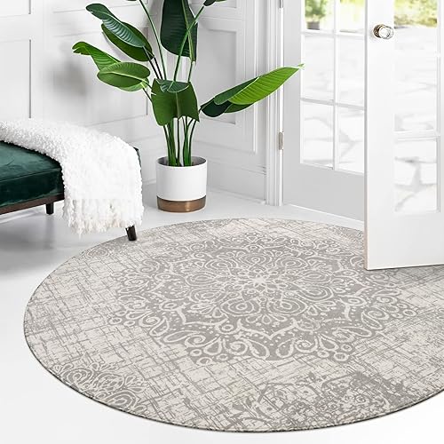 Miniatura 3 de Lahome Alfombra de área vintage con medallón  Alfombra de área antideslizante envejecida de 6 pies de diámetro, alfombra de piso para puerta,