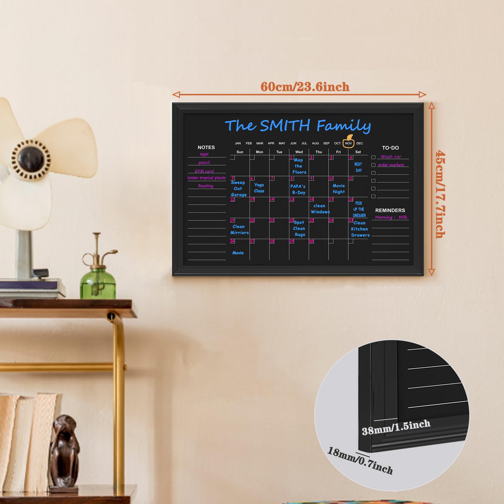Magnetischer Kreidetafel-Kalender, 45 x 60 cm, Monats- und Wochenkalender, Kreidetafel für Wand, Familienplaner, Schwarz (Family-HB-4560)