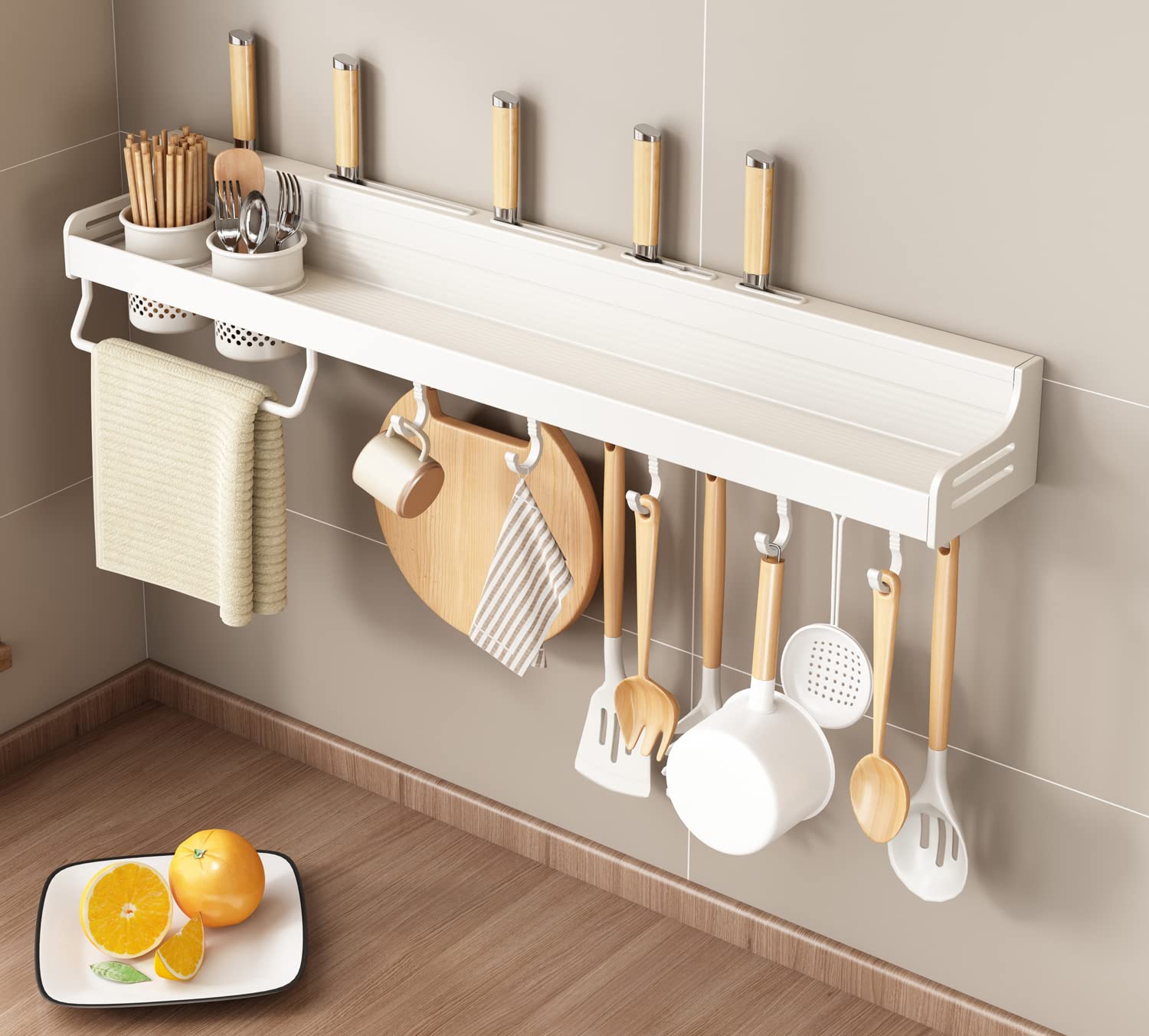 24HOCL Hanging Spice Rack Organizer with Kitchen Knife Utensil Cooking Holder, Space Aluminum Multipurpose Wall Mounted Pot Rack Hanging Shelf Spoon Holder for Kitchen Restaurant Bar Bathroom (50CM)