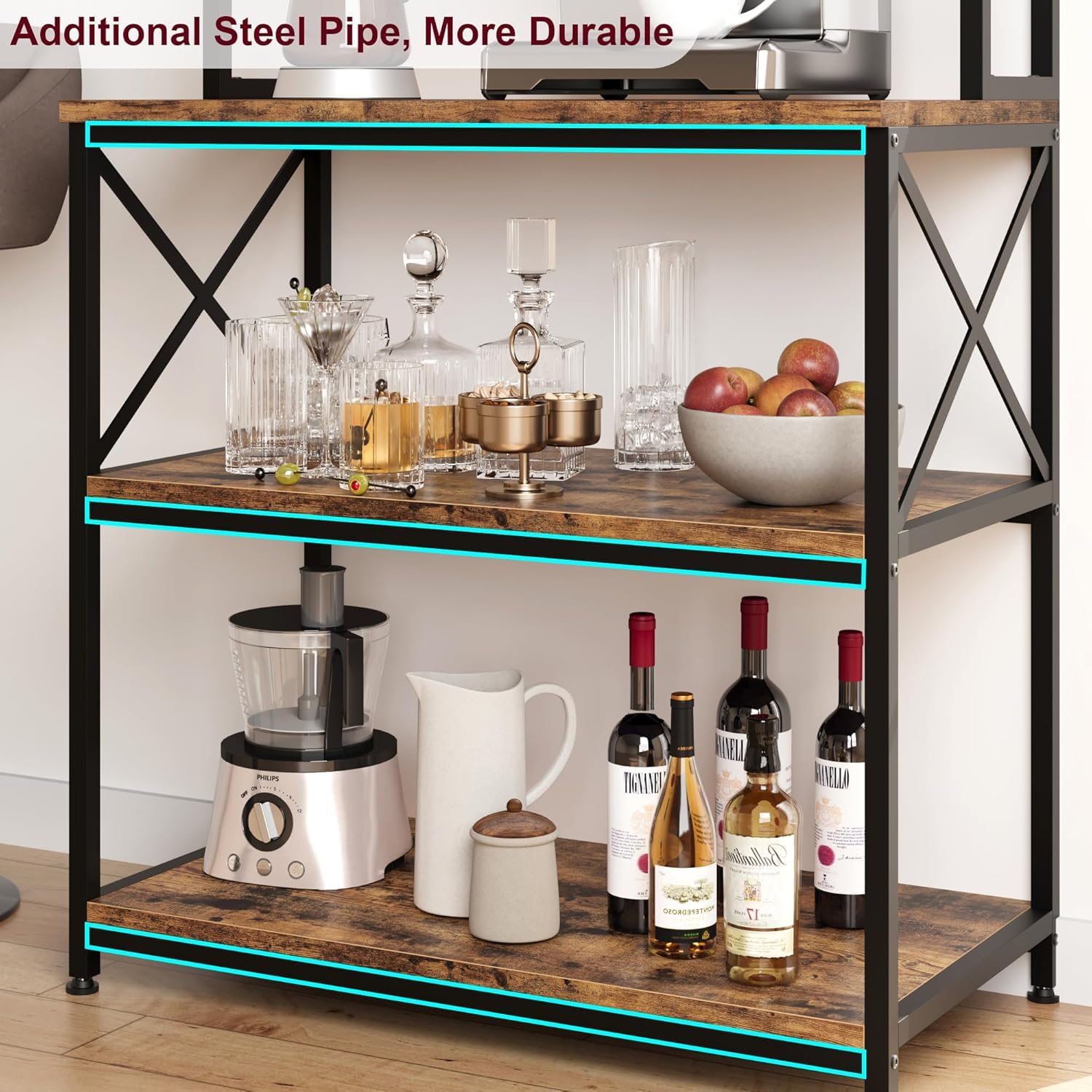 Etagère de Cuisine, Support pour Four à Micro-Ondes avec Rangement, Porte-Café en Bois à 5 Niveaux avec 6 Crochets pour épices, Rangement des Pots, Brun Rustique, 80x40x160cm