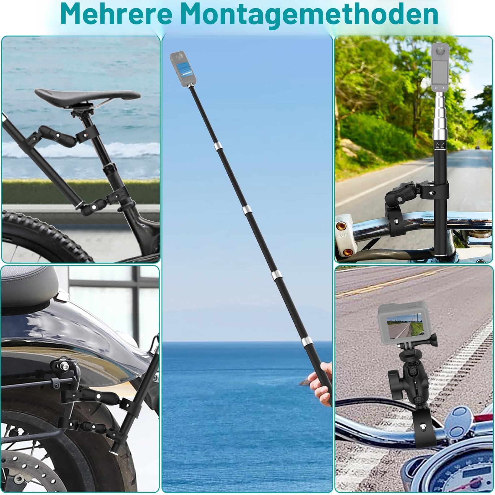 UNSTINCER Action Kamera Halterung für Gopro Insta360 DJI, mit Selfie Stick | Motorrad Fahrrad Bike Motorcycle Rennrad ATV MTB Lenker Camera Klemme Mount, Doppelklemme Third Person Halter, Double Clamp