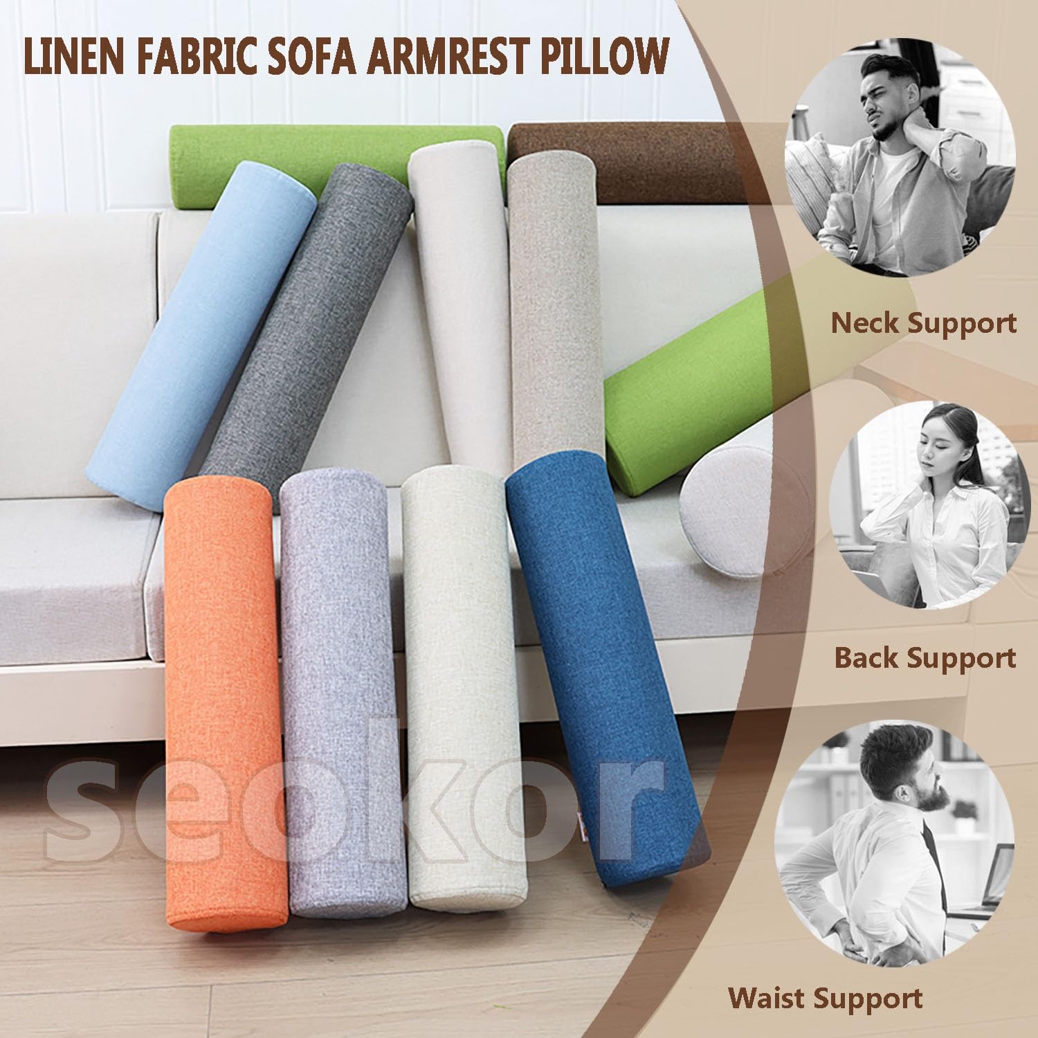 Cylindrique Coussin 40/50/60/70/90cm Oreiller Cervical Multifonctionnels Rouleau d'oreiller de Traversin Amovible Lavable pour Soutien tête, Cou, lombaires(C,20x60cm/8x24in)