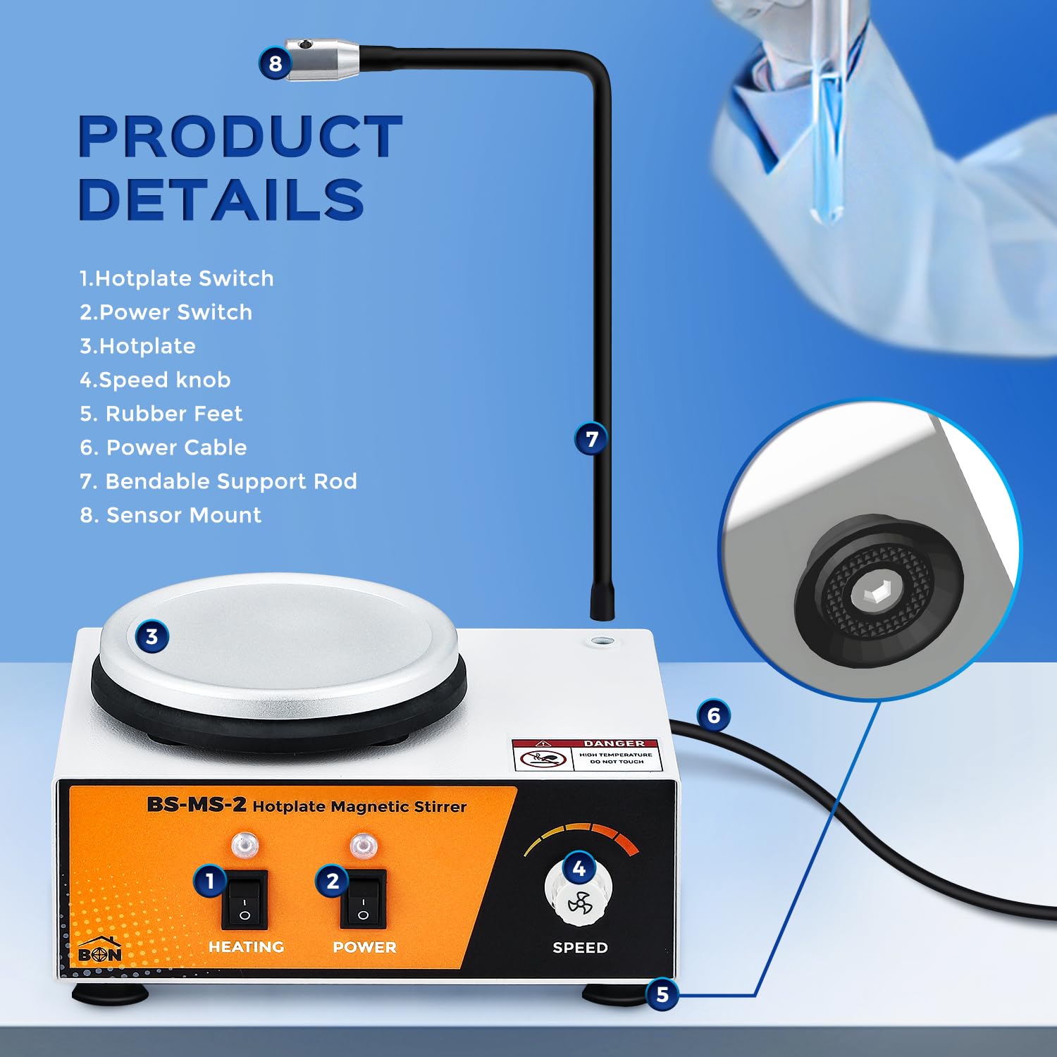 Bonvoisin Agitatore Magnetico con Piastra Riscaldante, Mixer da Laboratorio da 2L 0-2600rpm 100℃ con Asta di Supporto Sensori Flessibile, 120 * 120mm 180W Potenza di Riscaldamento (EU)