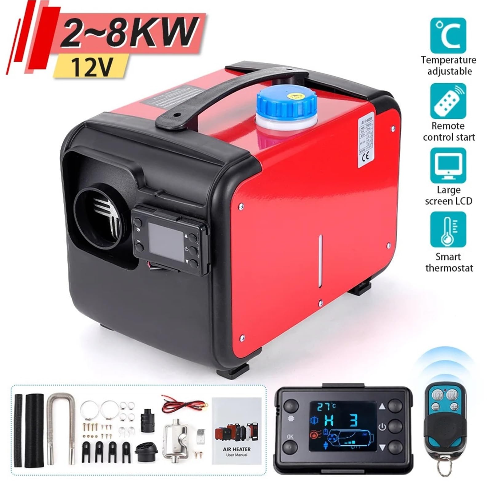 riscaldatore Diesel all-in-One Riscaldatore d'Aria Diesel da 12 V, riscaldatore per Auto, parcheggio, 5-8 kW, con silenziatore e Telecomando, per, Camion, Barche, Camper